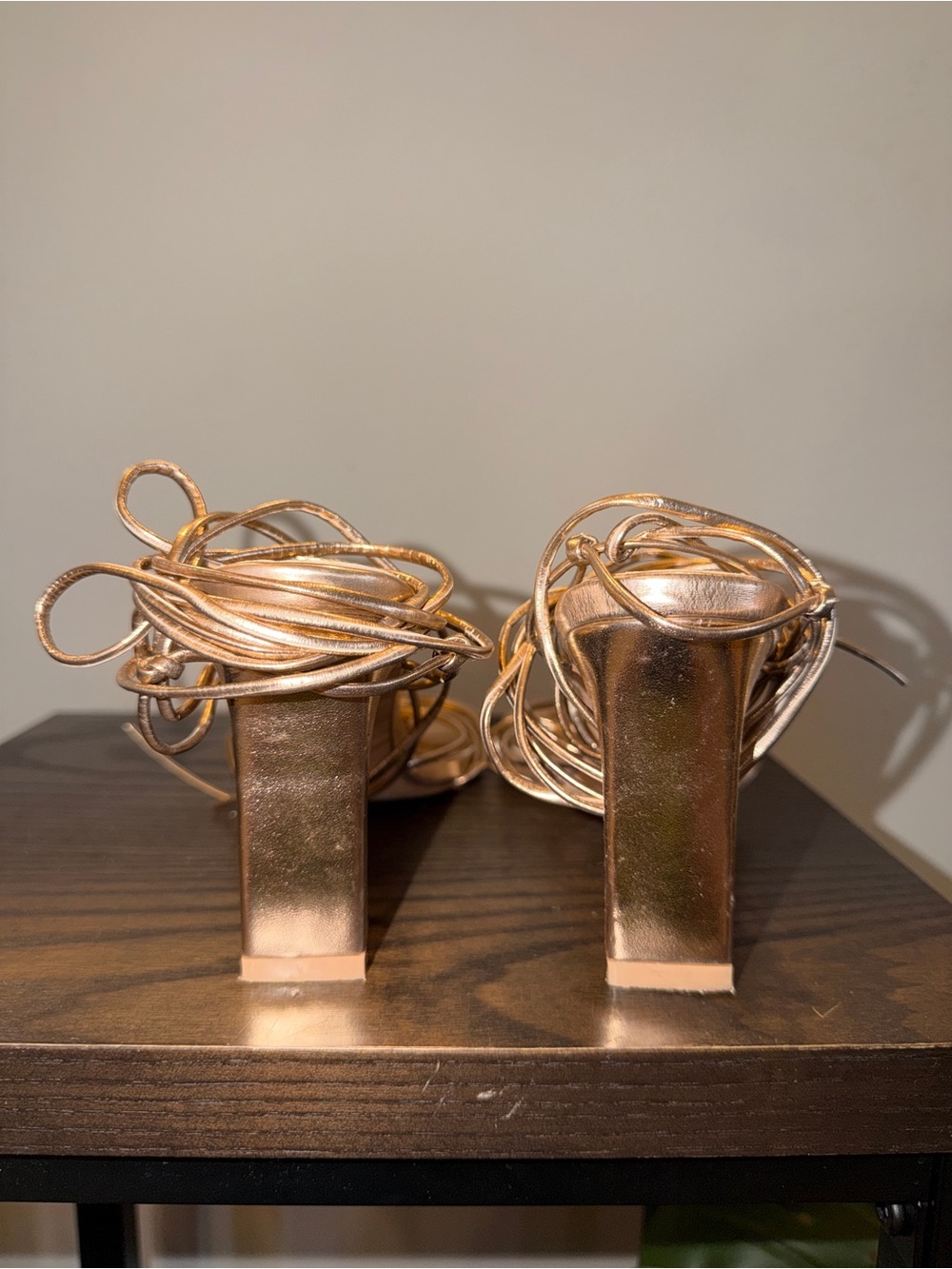 Metallic Rose Gold Strappy Block Heel Sandals - Picture 2 of 4